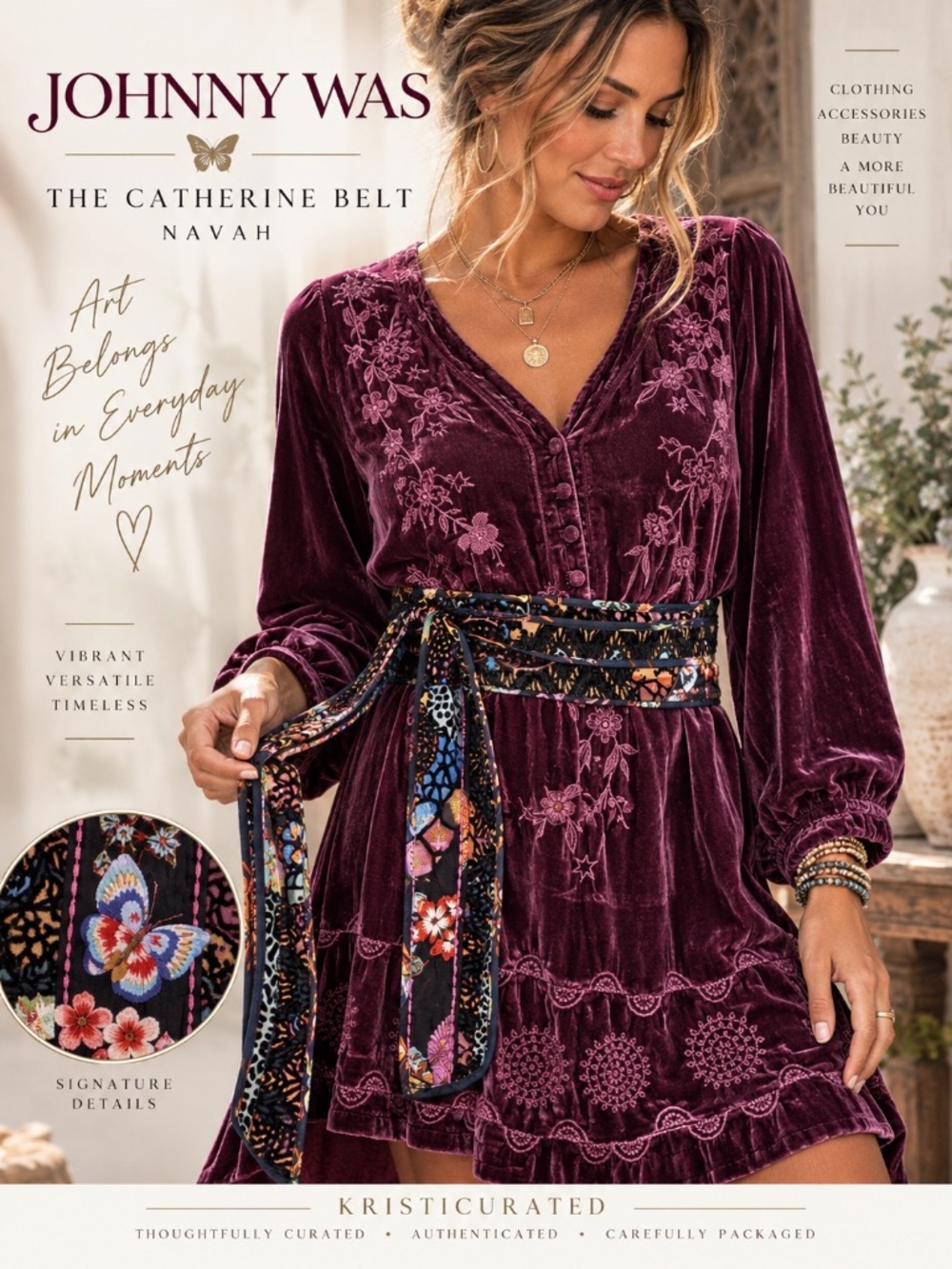 NWT Johnny Was Catherine Belt Navah Soundbath Silk Blend O/S $118